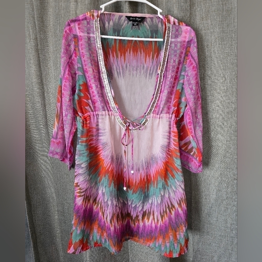 Charlie Paige Beaded Scoop Neck Colorful Sheer Swim Cover Up Mini Dress Size S/M